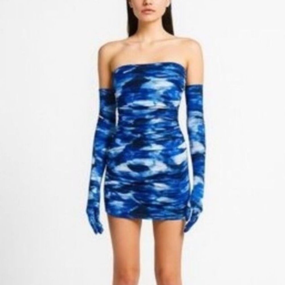 Miscreants NWOT Blue Watercolor Strapless Ruched Mini Dress with Gloves Size 10